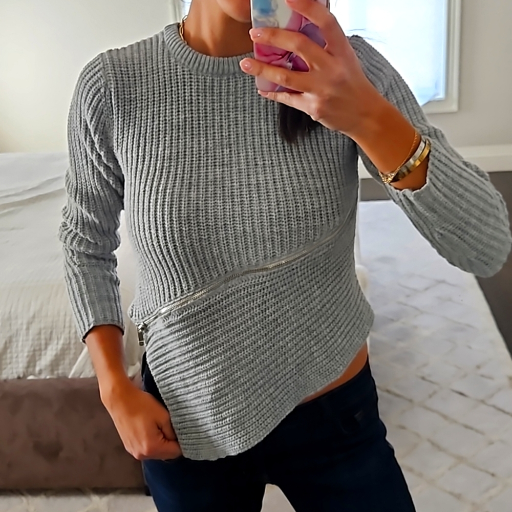 WOMEN'S UNIQ GREY PULLOVER SWEATER SHIRT WITH ZIPPER SZ S/M $30